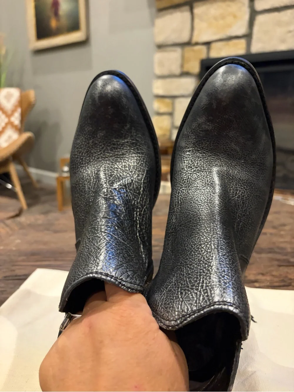 LIBERTY Black Metallic Black Leather Ankle Booties with Side Zip